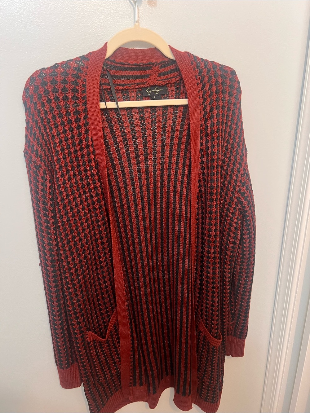 Jessica Simpson Red and Black Knit Open-Front Cardigan